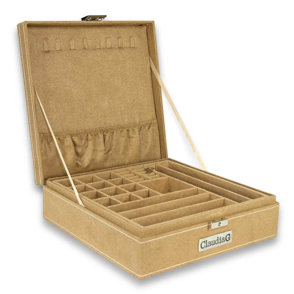 Jewelry Box with removable tray and storage compartments, ideal for organizing and protecting jewelry pieces.