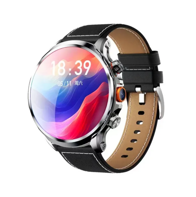 A round smartwatch with a black leather strap, featuring a silver-toned metal case and a colorful display showing the time as 18:39.