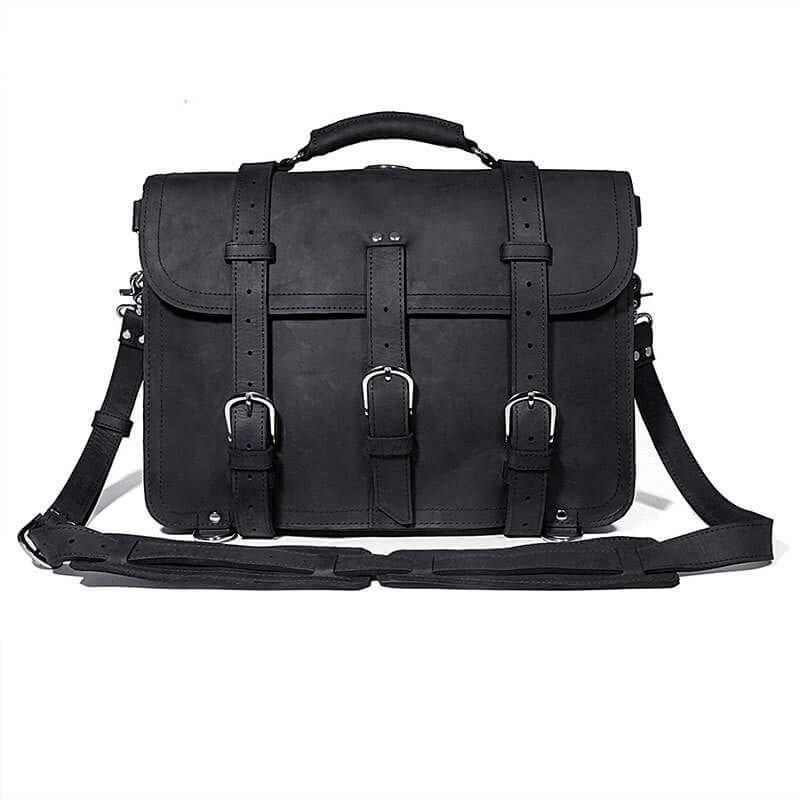 Vintage Crazy Horse Men's Leather Handbag in black with adjustable strap and buckles.