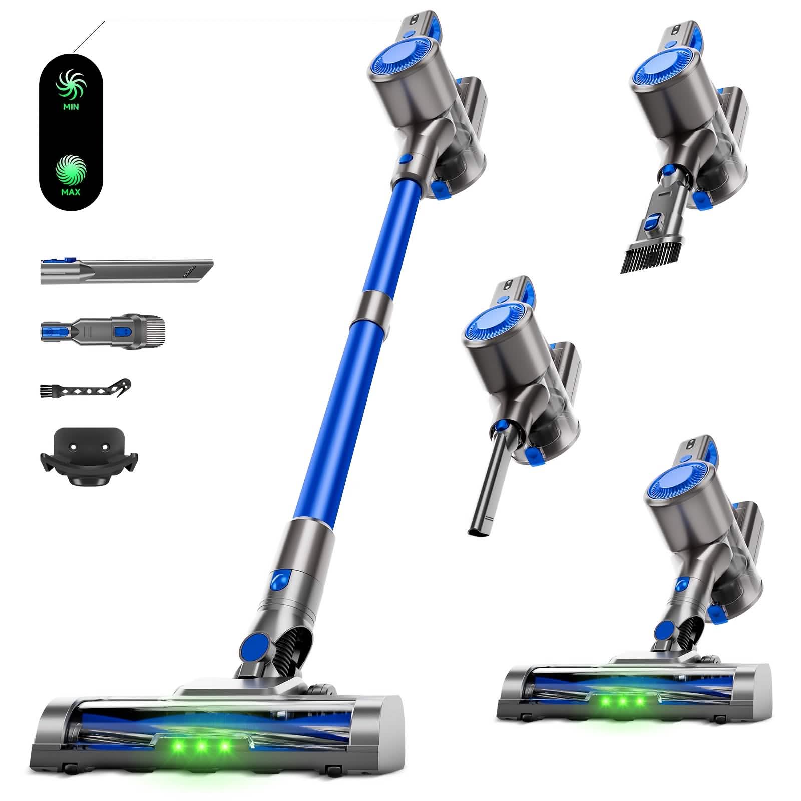 Cordless Vacuum Cleaner with LED Light & Removable Battery showing multiple attachments and LED indicators.