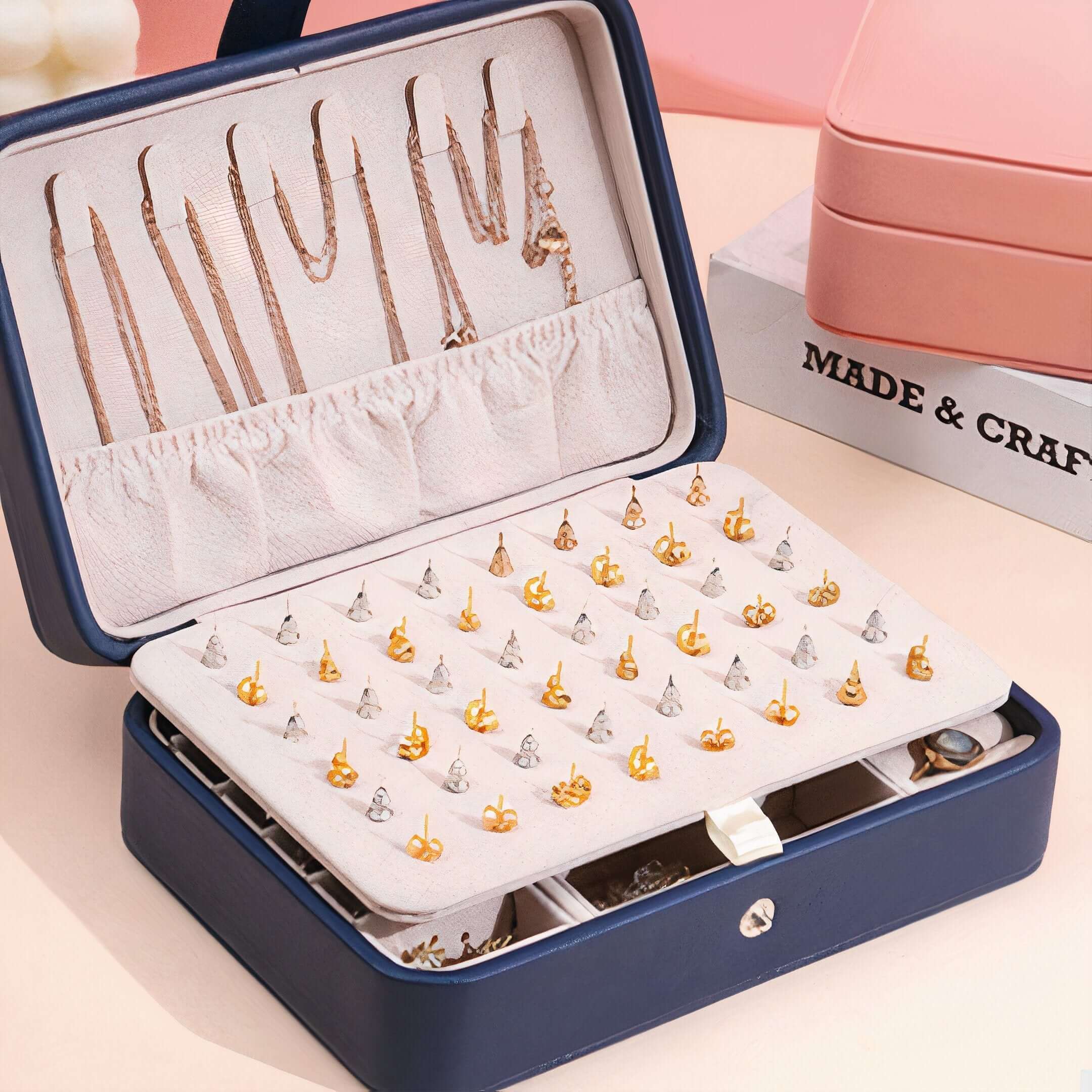 Smart Jewelry Box with organized compartments for earrings, necklaces, and accessories, perfect for travel and home storage.