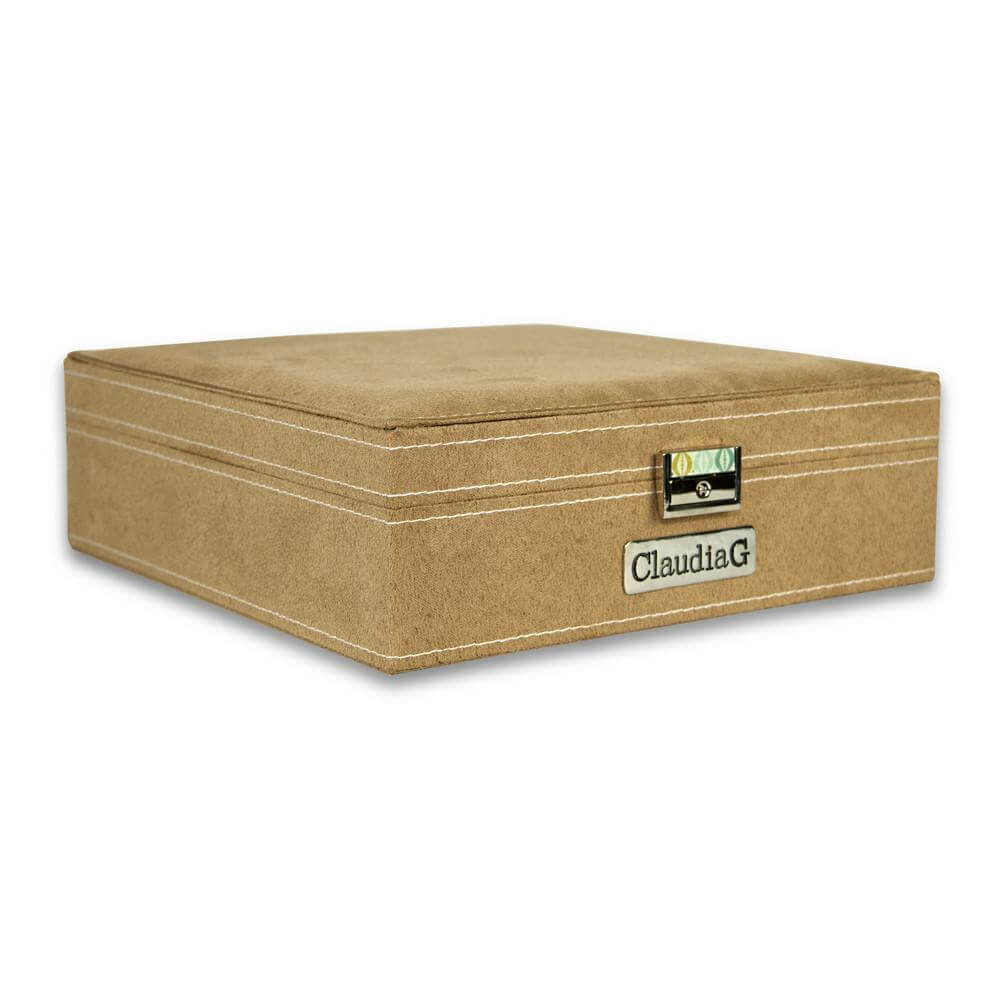Jewelry Box in a tan color with a removable tray, secure lock and key for organized storage.