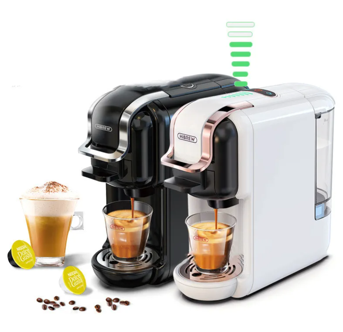 De'Longhi coffee machine with two cups of coffee and coffee beans on a white background