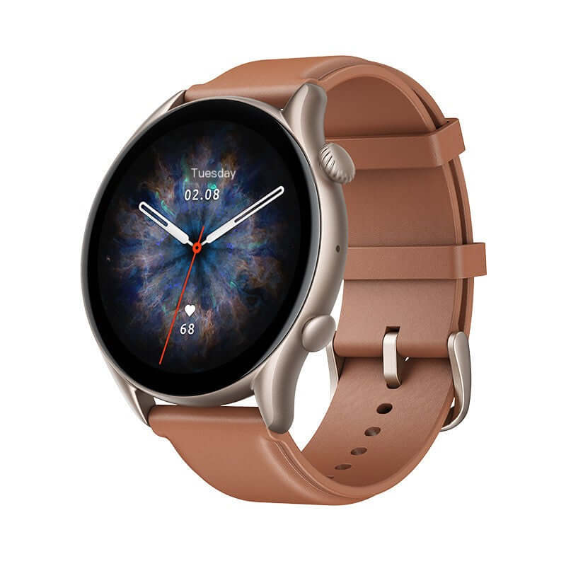 Amazfit GTR3 Pro Smartwatch with GPS and Health Monitor featuring a sleek design and durable brown wristband.