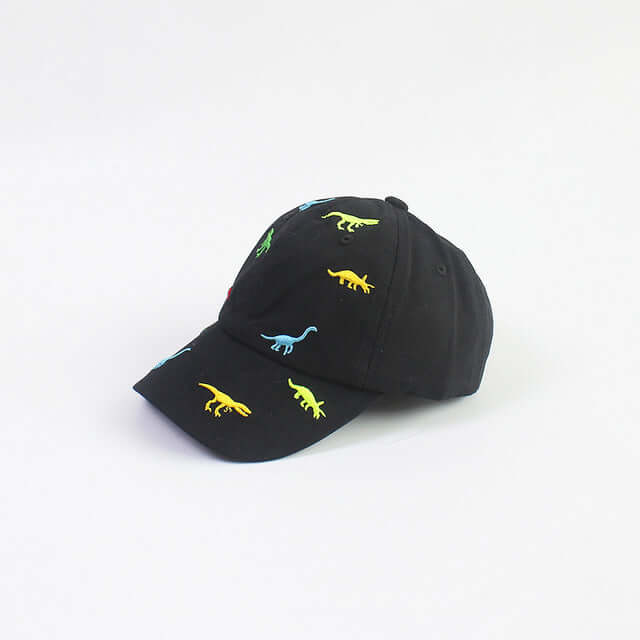 RICYGVM Dinosaur Embroidered Kids Baseball Cap featuring colorful dinosaur designs on a black background.