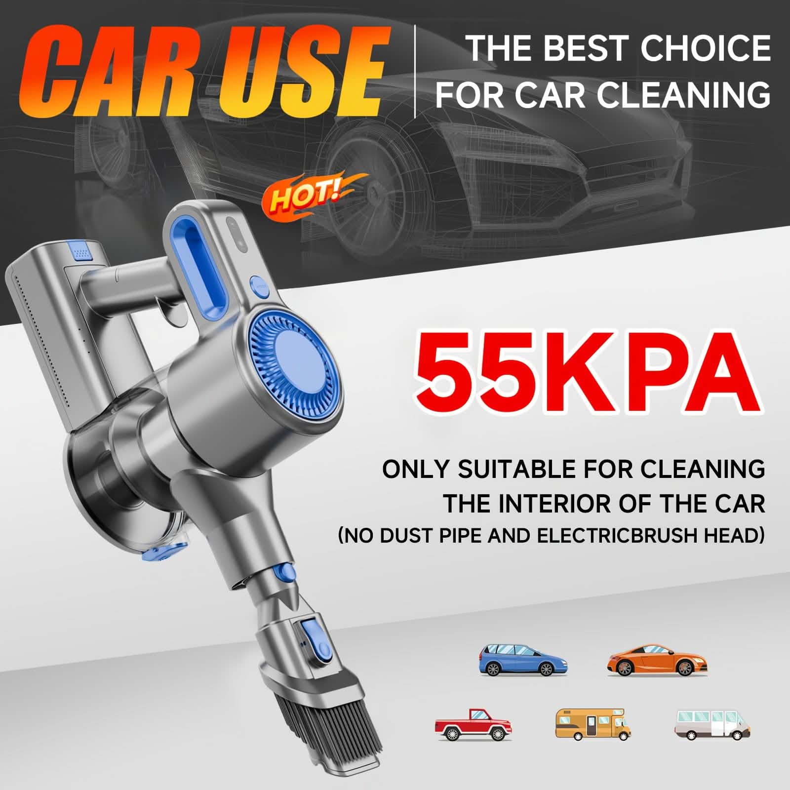 Cordless Vacuum Cleaner with LED Light & Removable Battery designed for car use and effective cleaning with strong suction 55KPA.