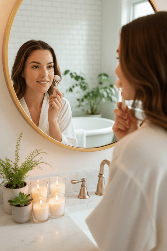 A woman using a facial roller while reflecting on her self-care routine in a serene bathroom setting. Best Budget Self Care Tools to Try.