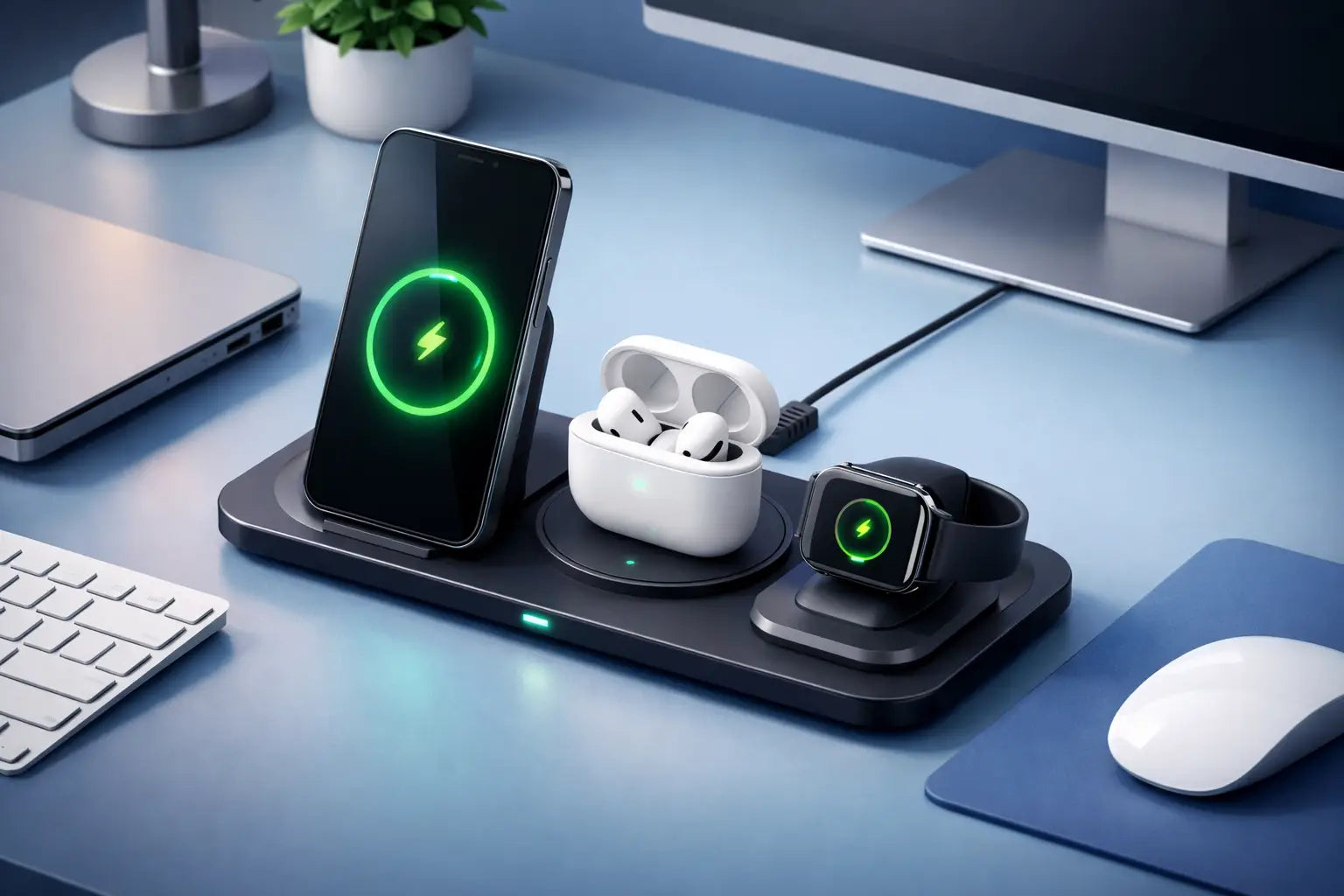 Wireless charger on a tidy desk setup next to a smartphone