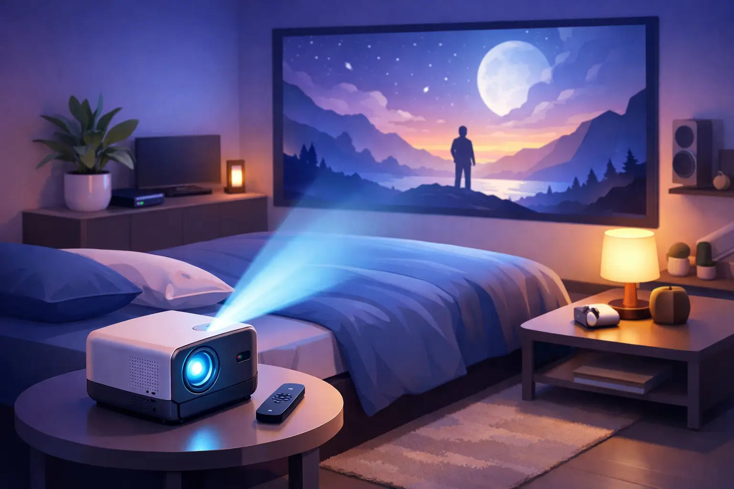 Mini projector displaying a film on a bedroom wall in a cosy dark room