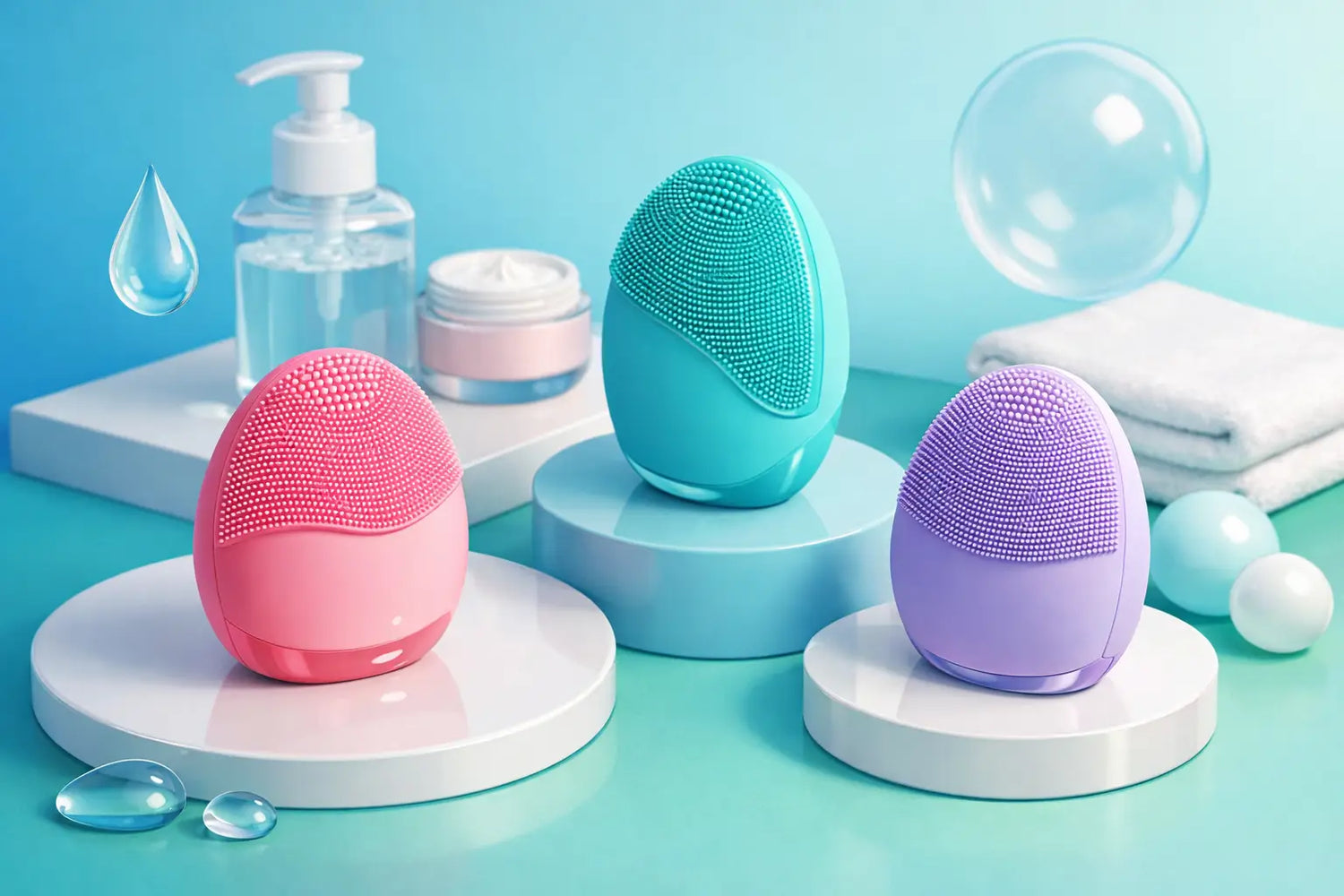 Silicone facial cleansing brush next to skincare products on a bathroom shelf