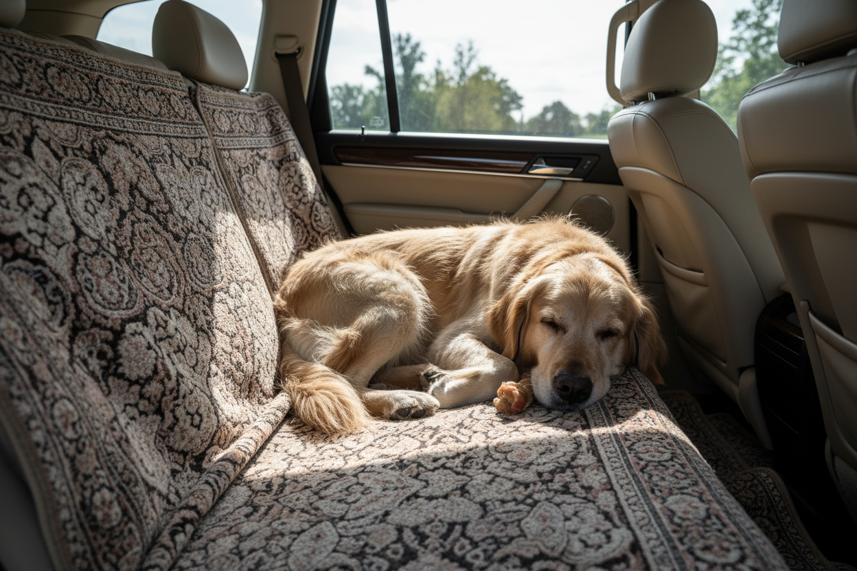 Dog resting on a waterproof seat cover inside a car
