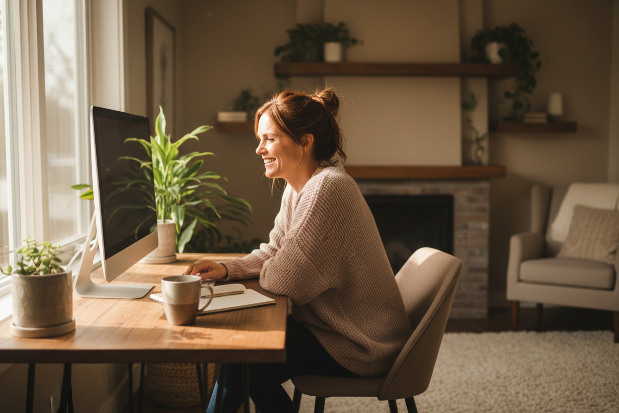 Woman smiling at her computer while shopping for trending deals online