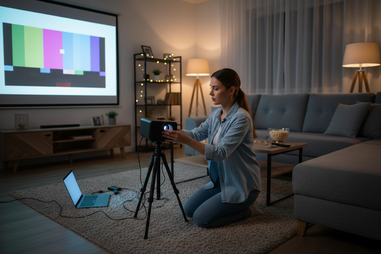 Woman setting up a portable projector for a home film night