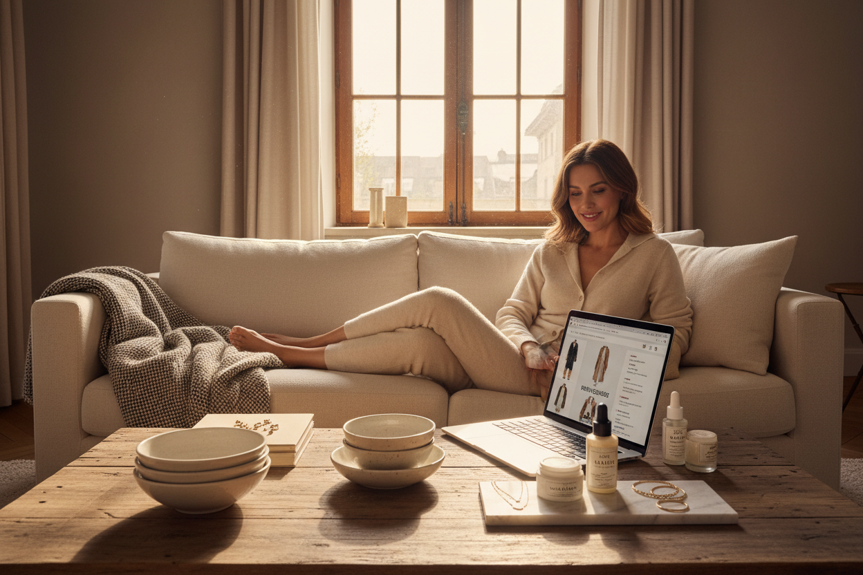 Woman shopping online surrounded by a mix of popular everyday products and best sellers