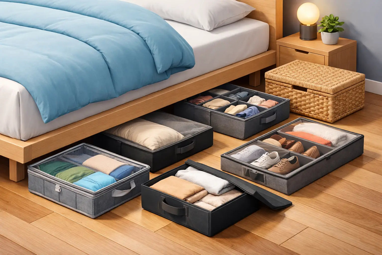 Neatly organised under bed storage boxes and fabric bags beneath a bed frame