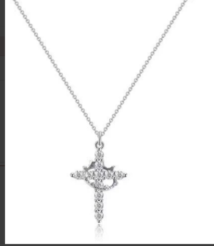 Silver cross pendant necklace on a white background