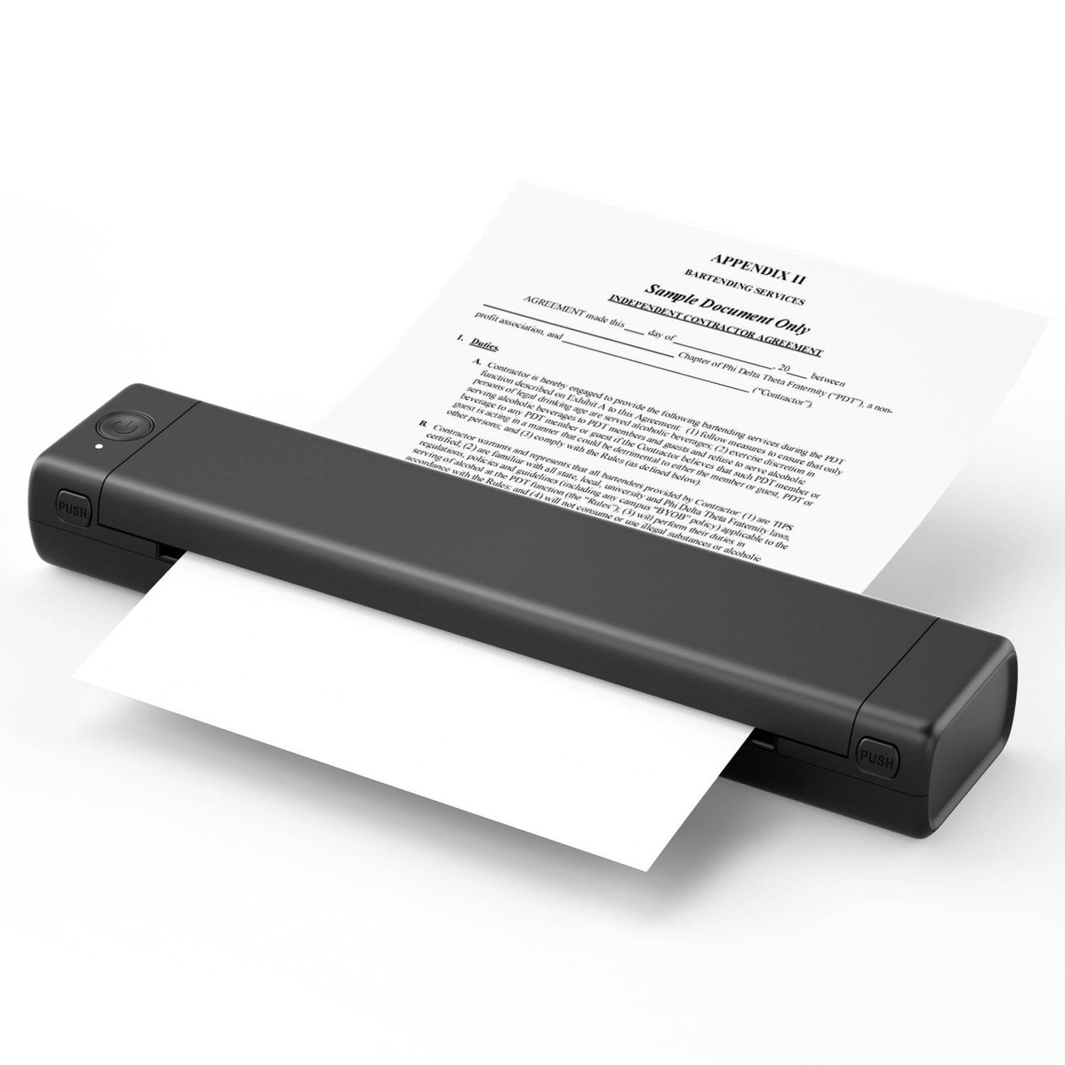 Black portable scanner with a document on a white background