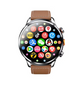 A round smartwatch with a brown leather strap and a silver-toned metal case, featuring a colorful digital watch face with various app icons, shown against a plain white background.