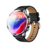 A round smartwatch with a black leather strap, featuring a silver-toned metal case and a colorful display showing the time as 18:39.