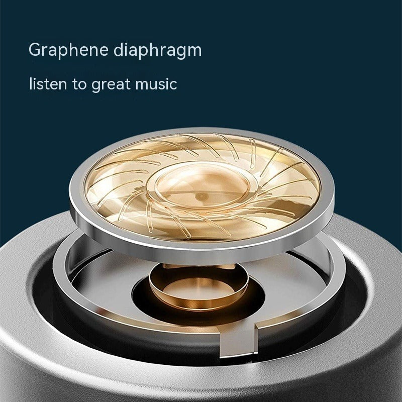 Close-up of a graphene diaphragm with text on a dark blue background