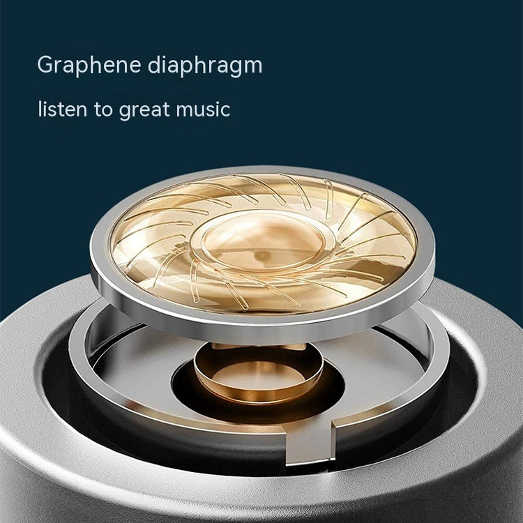 Close-up of a graphene diaphragm with text on a dark blue background