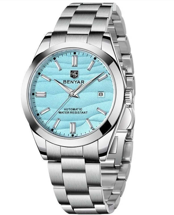 Silver watch with a blue face on a white background