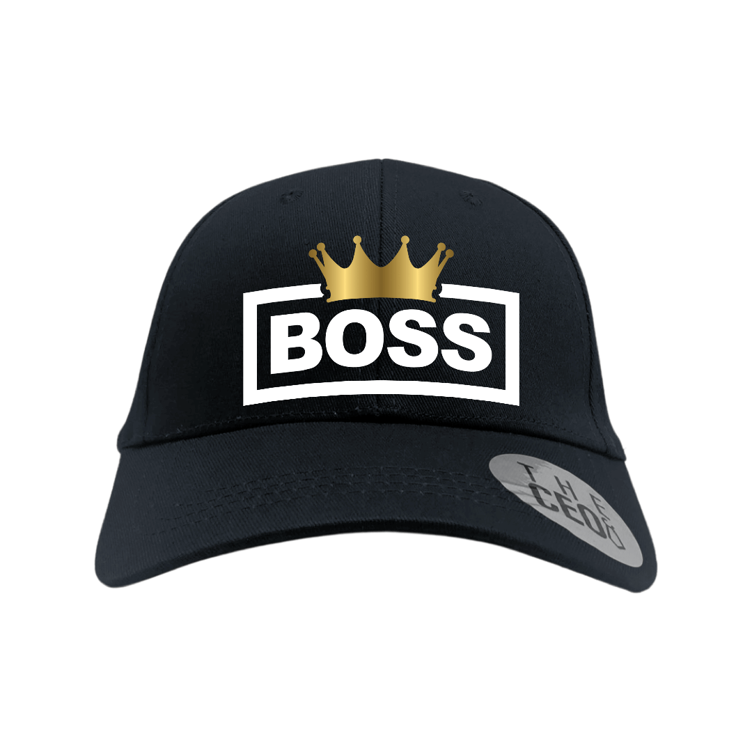 Boss Crown Embroidered Baseball Cap featuring a black design with a gold crown above the word &