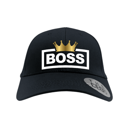 Boss Crown Embroidered Baseball Cap featuring a gold crown and bold lettering.