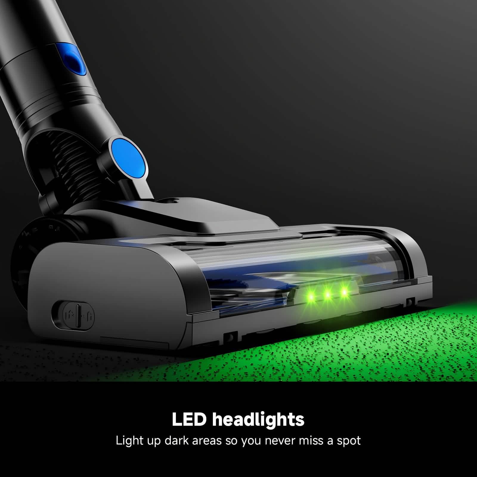 Cordless Vacuum Cleaner with LED Light &amp; Removable Battery showing LED headlights for better visibility.