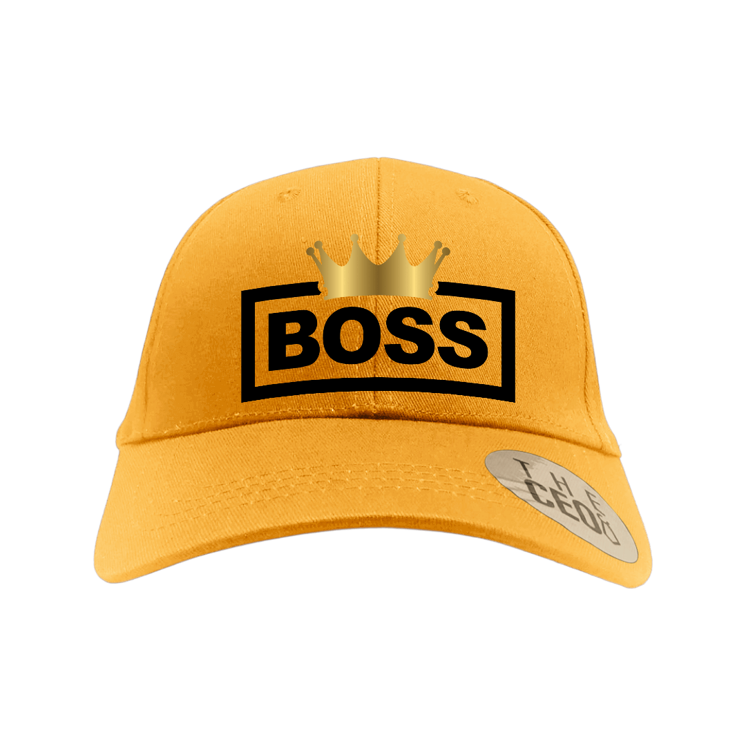 Boss Crown Embroidered Baseball Cap in vibrant yellow with a bold crown design, symbolizing authority and style.