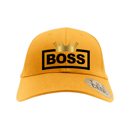 Boss Crown Embroidered Baseball Cap in vibrant yellow with black lettering and crown design.