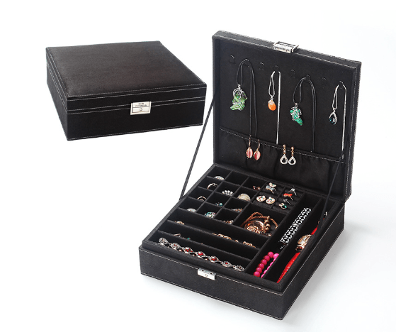 Black Jewelry Box with removable tray and storage for earrings, rings, and necklaces, featuring a lock and key.