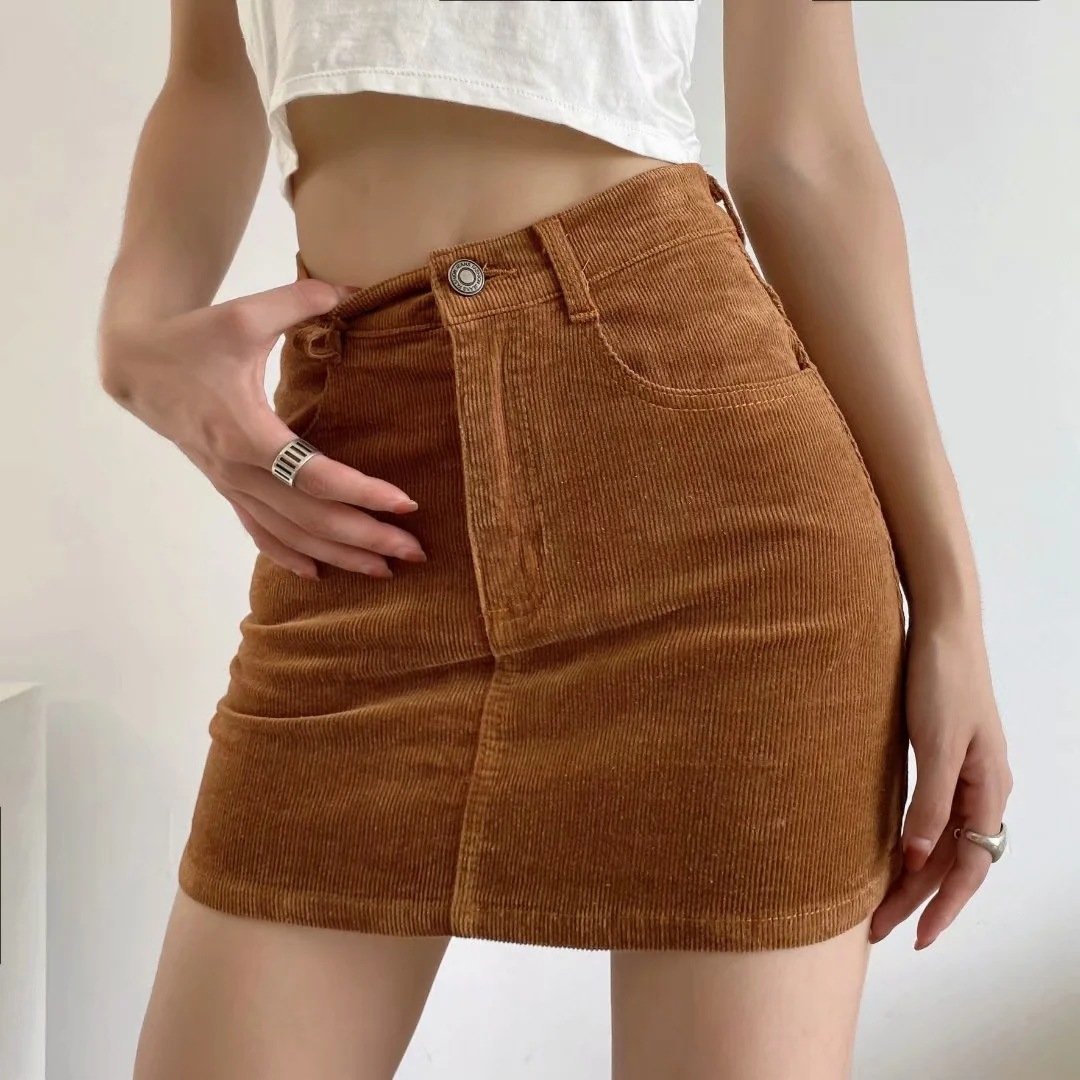 High Waist A-line Slim Corduroy Skirt for Women