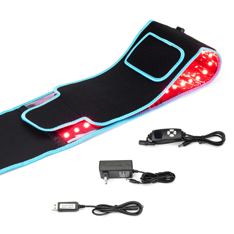 Black massage belt with LED lights and power adapter on a white background