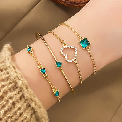 Juego de 4 pulseras de aleación con pedrería - Diseño minimalista de corazón y cuadrado