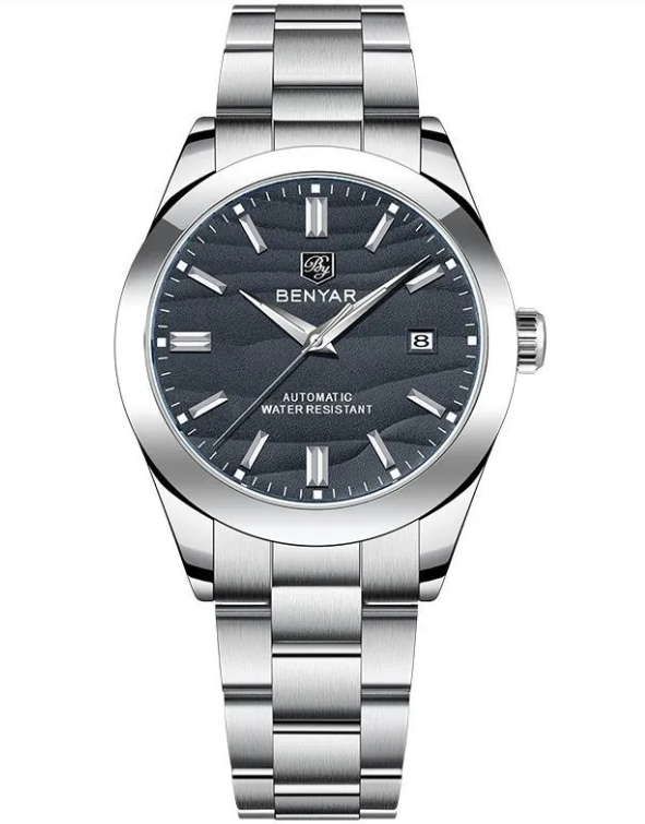 Silver watch with a dark face on a white background
