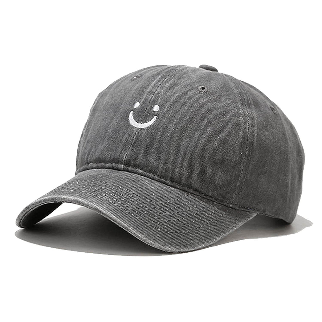 Smile Face Cotton Baseball Cap Adjustable for Women Men in gray color with smiley logo on the front.