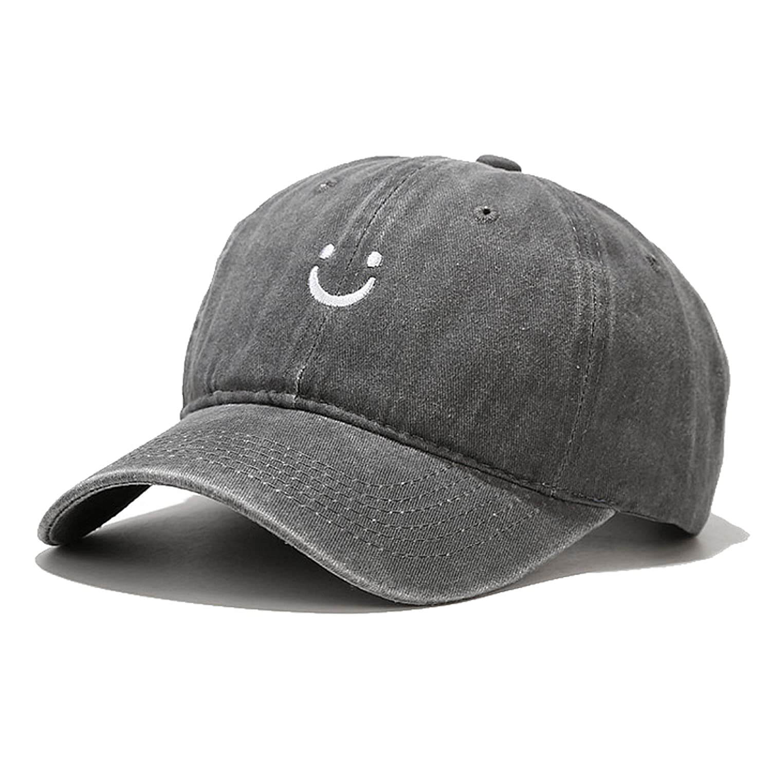 Smile Face Cotton Baseball Cap Adjustable for Women Men in gray color with smiley logo on the front.