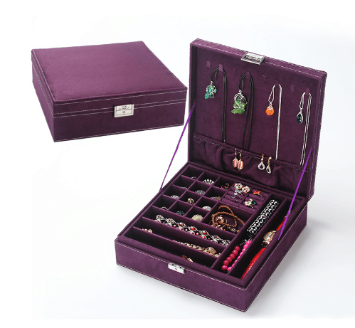 Jewelry Box with removable tray, storage for earrings and rings, purple velvet exterior, organized compartments.
