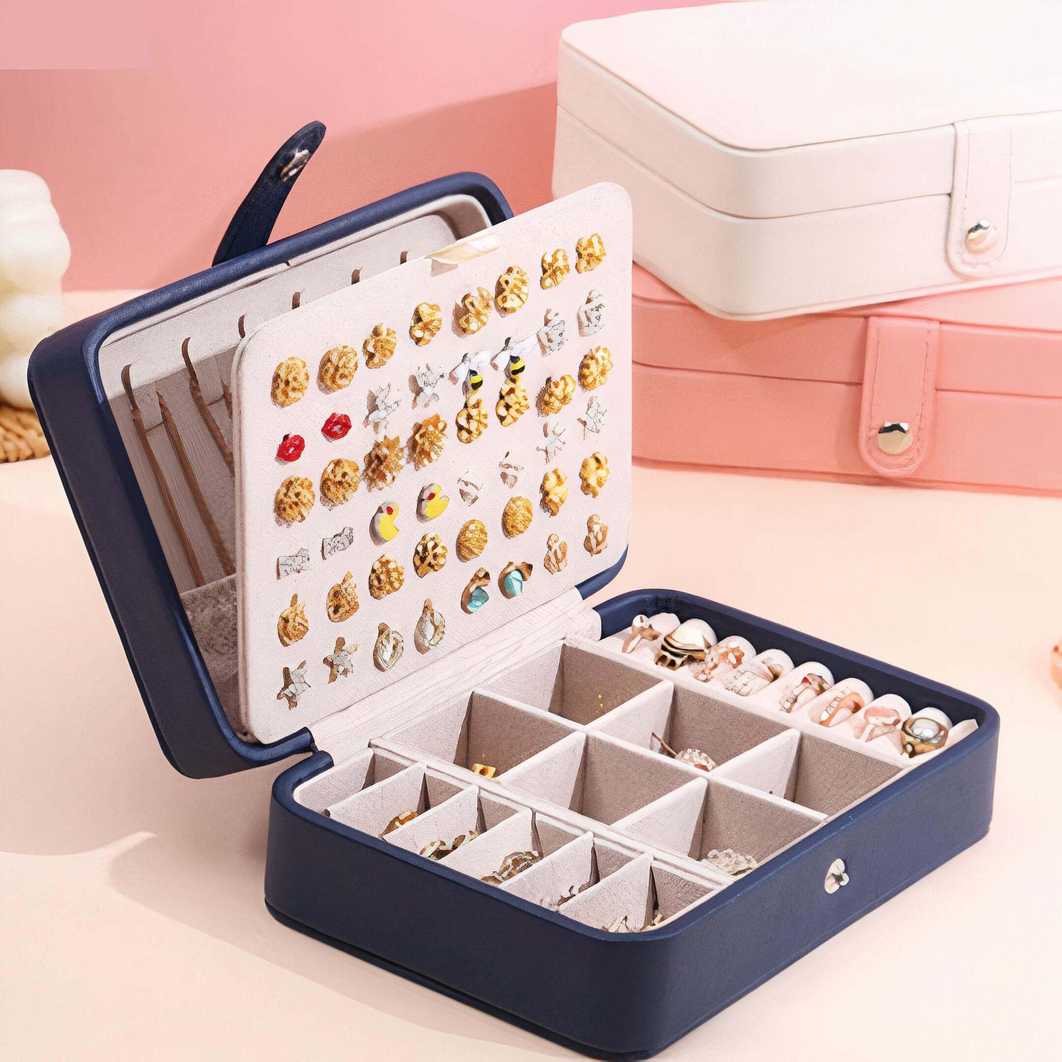 Smart Jewelry Box with a double earring pane and multiple slots for organized jewelry.