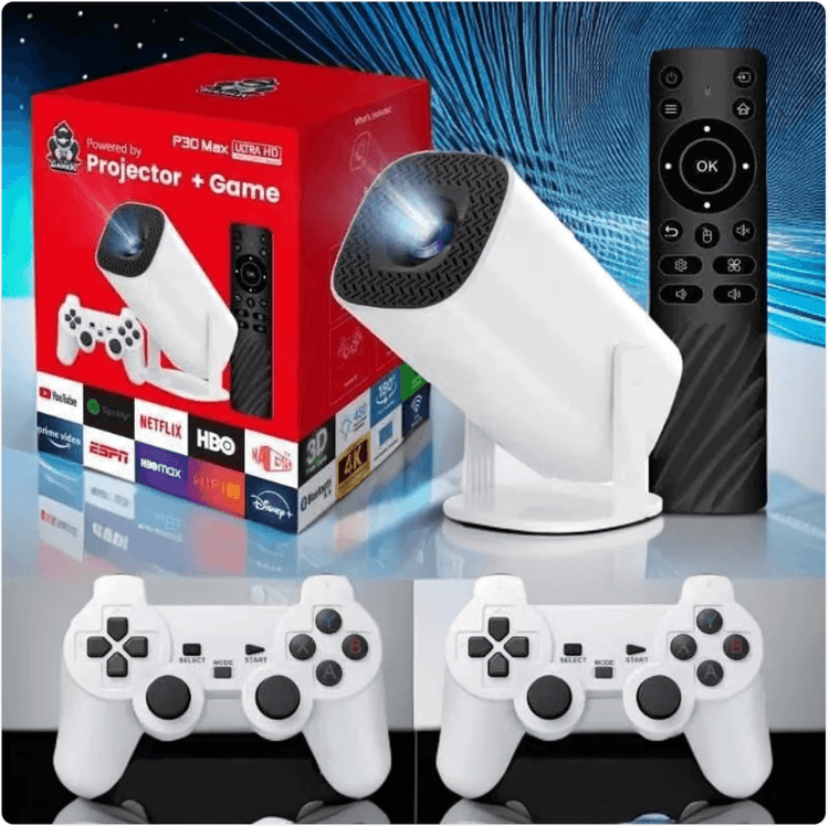 4K HD Gaming Projector featuring a remote control and gaming controllers with vibrant packaging design.