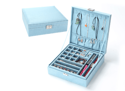 Jewelry Box with removable tray and multiple compartments in a versatile blue design.