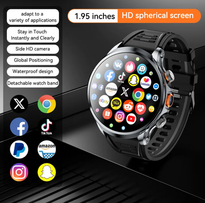 Black smartwatch with a round screen displaying colorful app icons, shown on a dark background with feature callouts and app logos. The watch has a black strap and case with silver-toned side buttons.