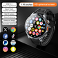 Black smartwatch with a round screen displaying colorful app icons, shown on a dark background with feature callouts and app logos. The watch has a black strap and case with silver-toned side buttons.