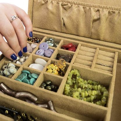 Organized Jewelry Box with removable tray, featuring various compartments for beads and jewelry storage.