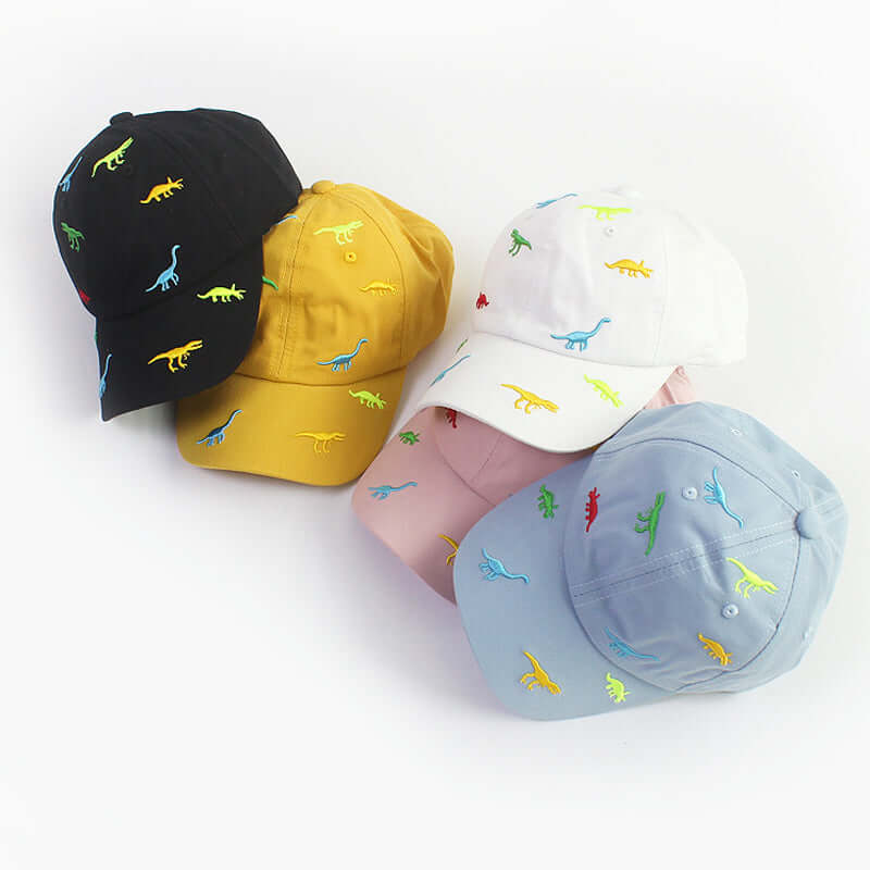 RICYGVM Dinosaur Embroidered Kids Baseball Cap in assorted colors with playful dinosaur designs.