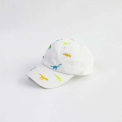 RICYGVM Dinosaur Embroidered Kids Baseball Cap showcasing colorful dinosaur designs on a white baseball cap.