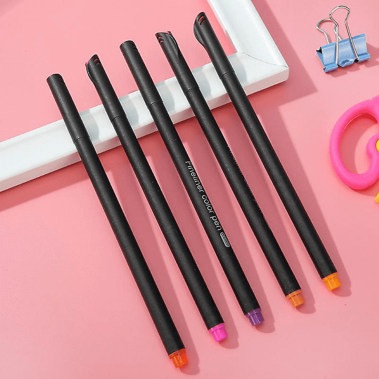 Fine Point Markers in black and colorful tips, ideal for precise artwork and drawing details.