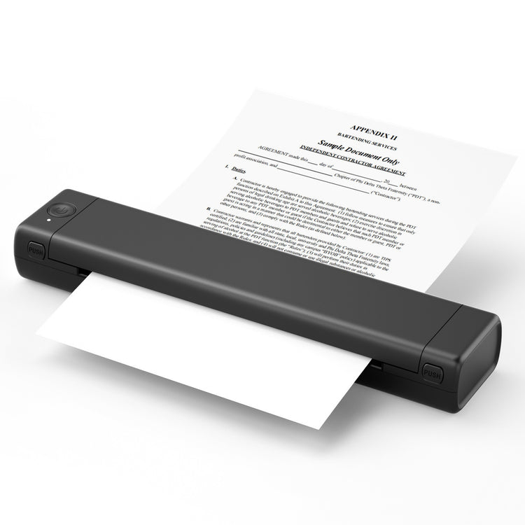 Black portable scanner with a document on a white background