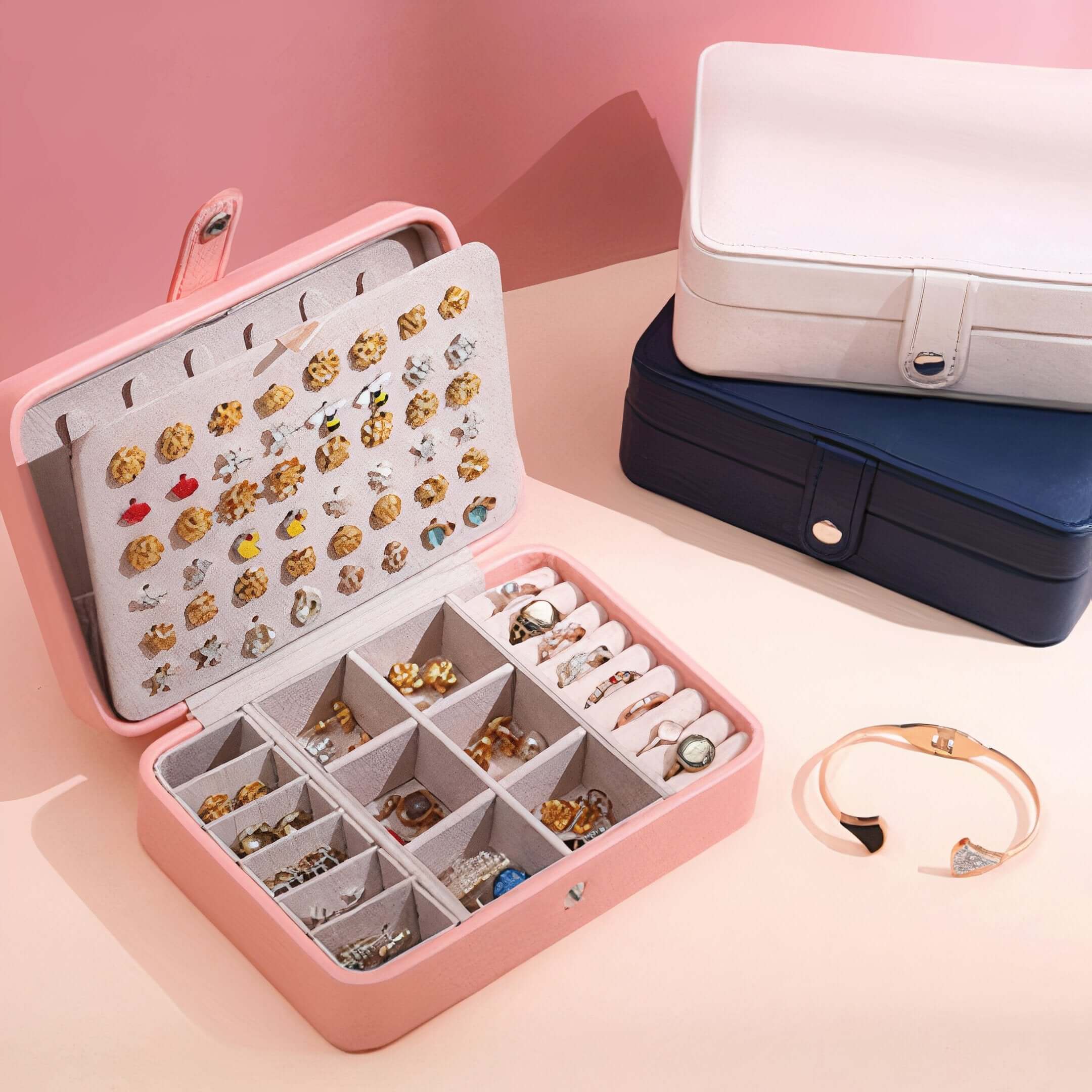 Smart Jewelry Box with multiple storage compartments for earrings, rings, and bracelets in pink and blue.